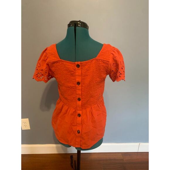 Madewell Eyelet-Sleeve Lucie Smocked Peplum Orange Top, size M - Picture 4 of 6